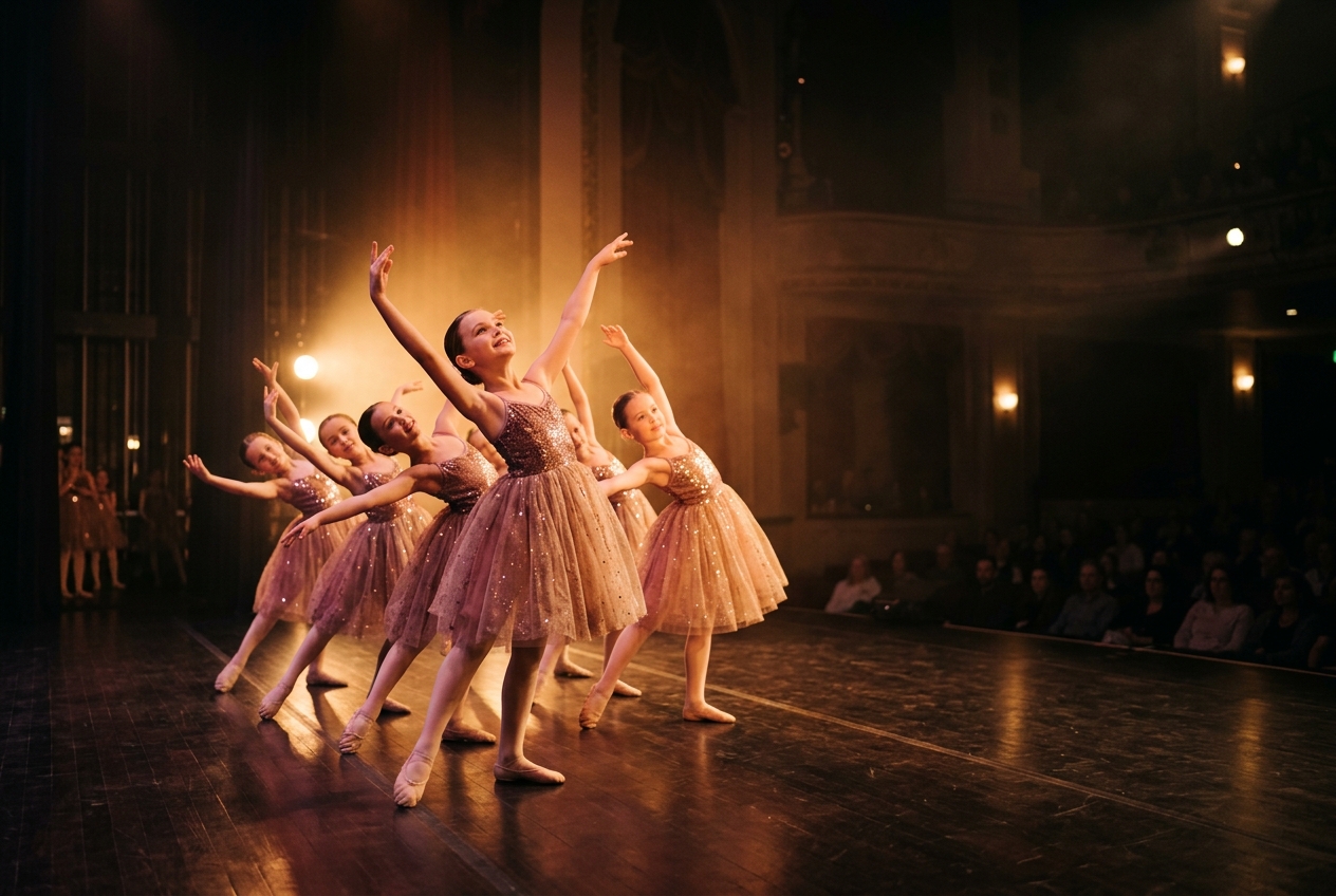 Young dancers on a warmly lit recital stage