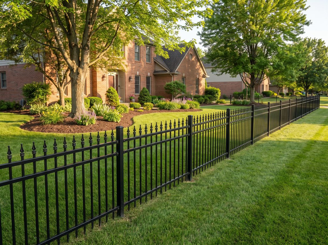 Black ornamental aluminum fence along a landscaped front yard