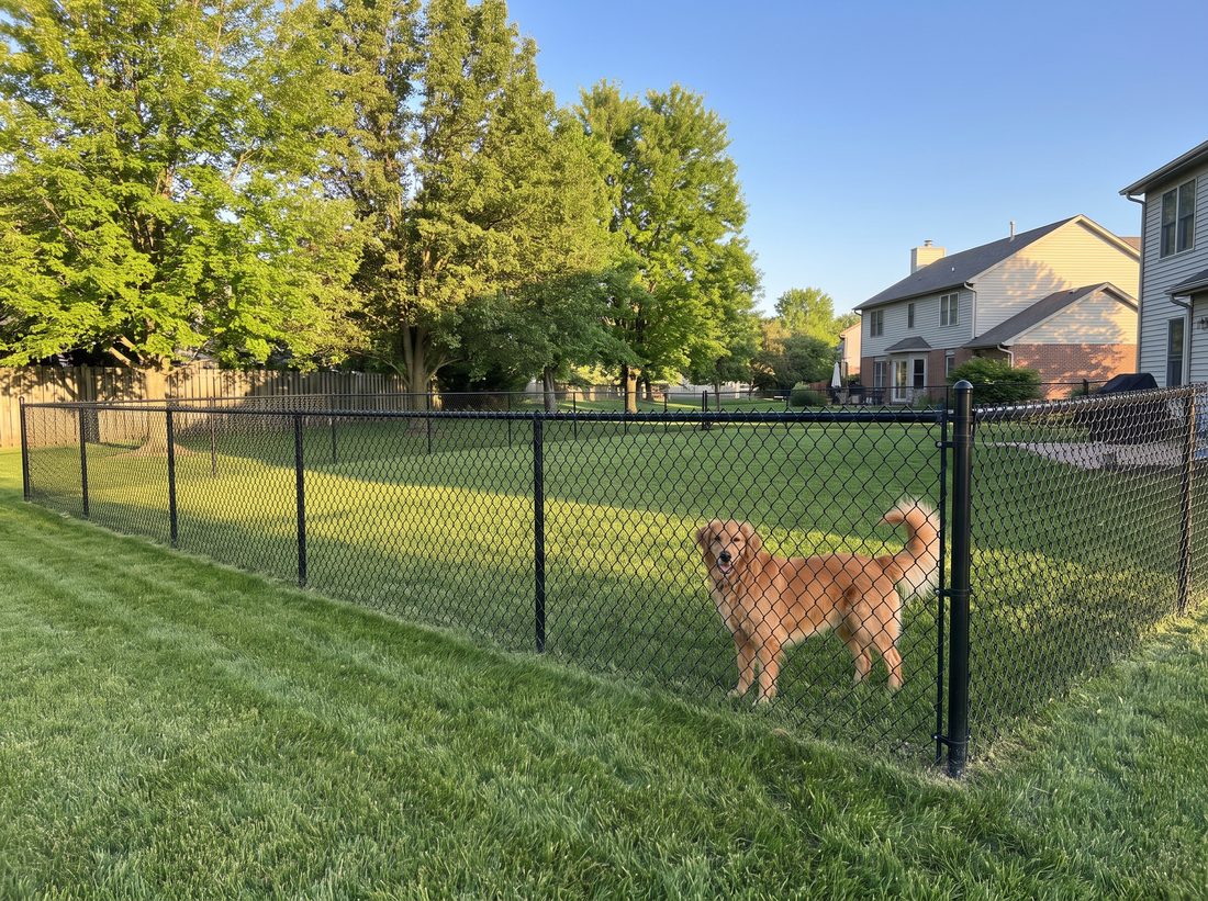 Black vinyl-coated chain link fence with a dog in the yard