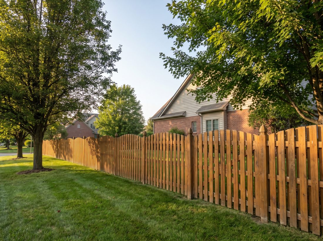 Cedar scalloped-top picket fence with a matching gate