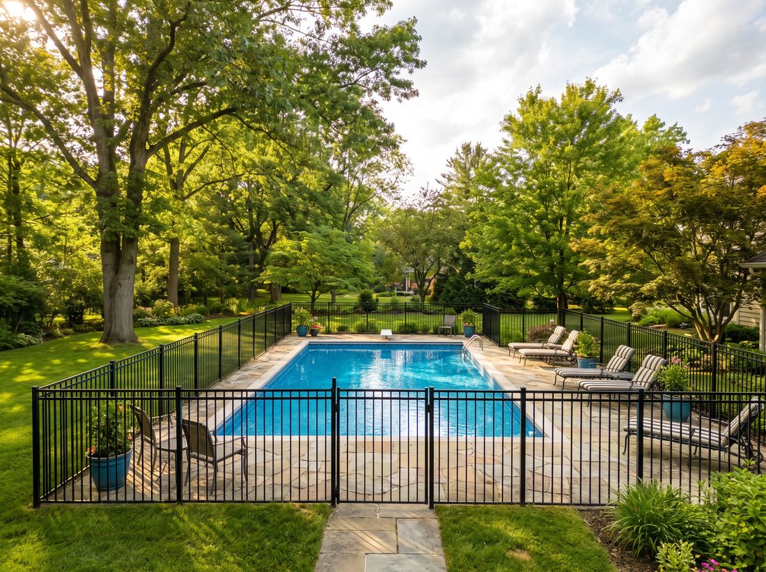 Black aluminum pool safety fence around an in-ground pool