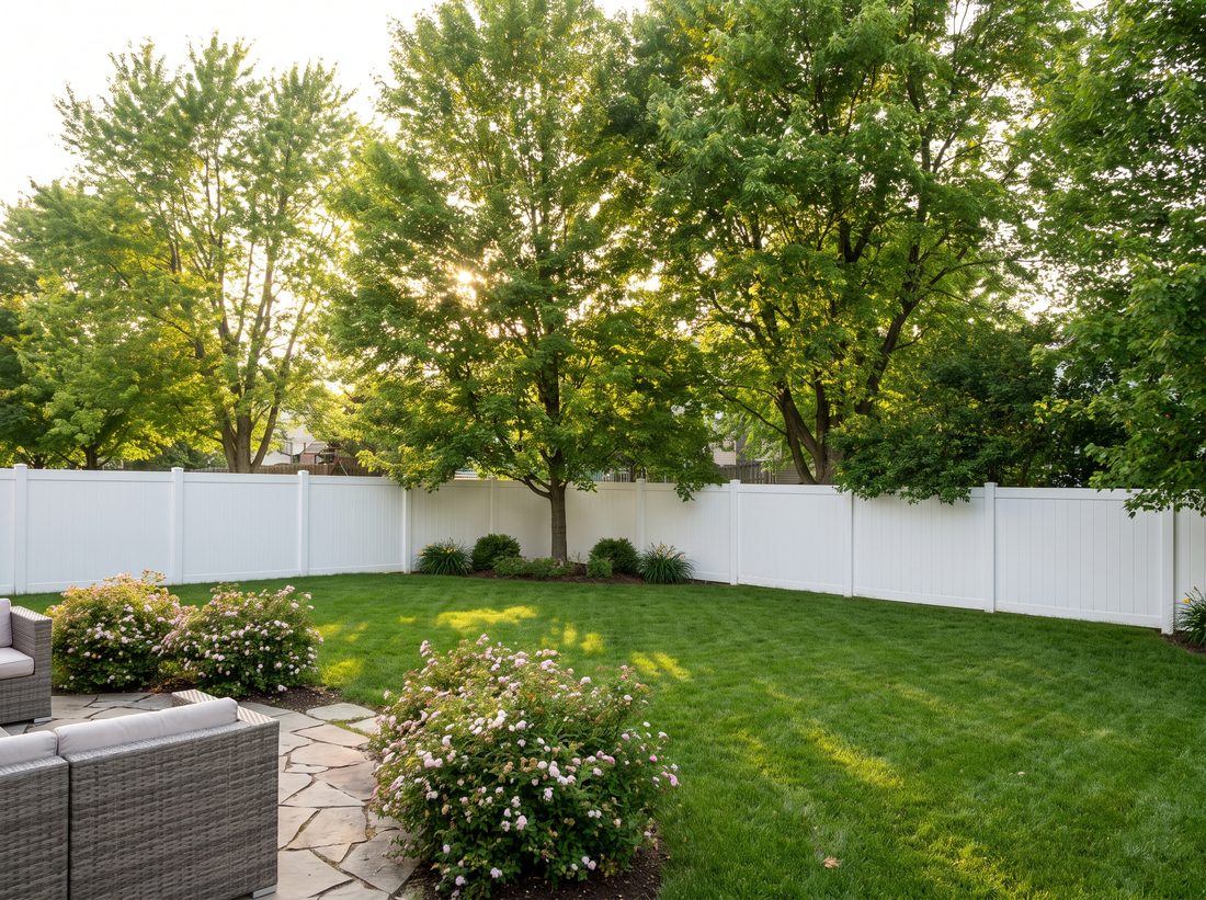 White vinyl PVC privacy fence in a suburban yard