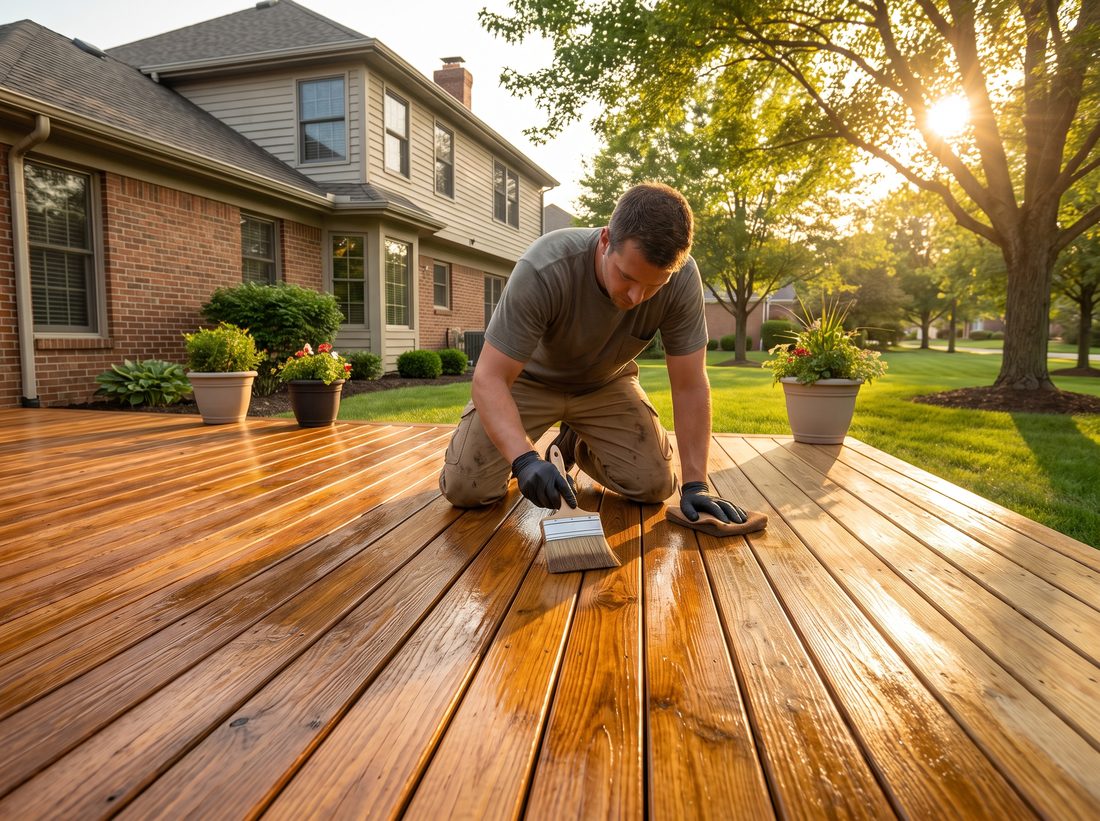 Applying stain and sealer to a clean wood deck