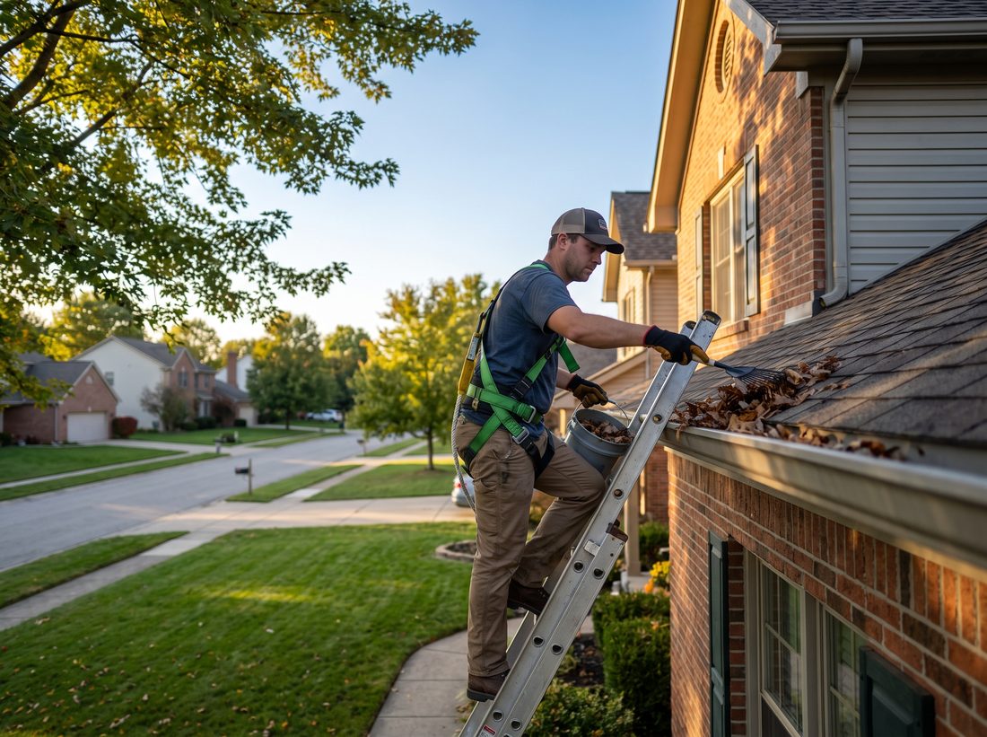 Cleaning debris out of a home's gutters from a ladder