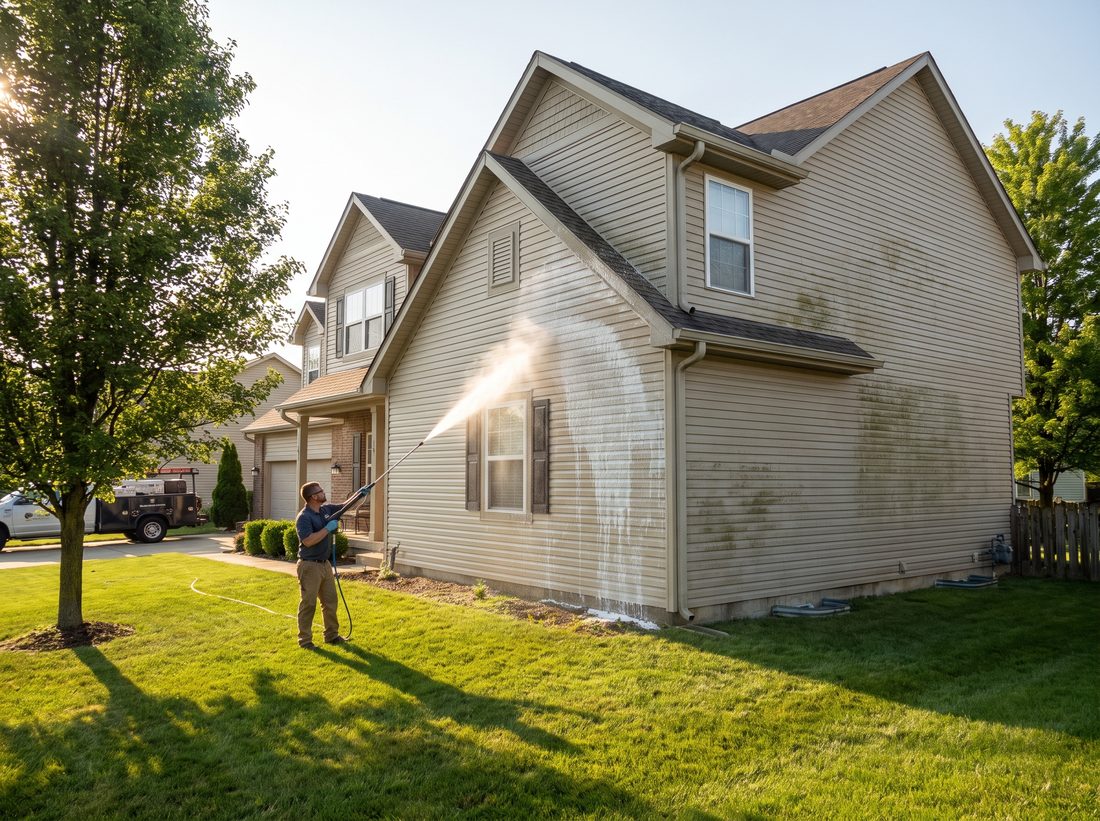Soft washing the siding of a two-story home