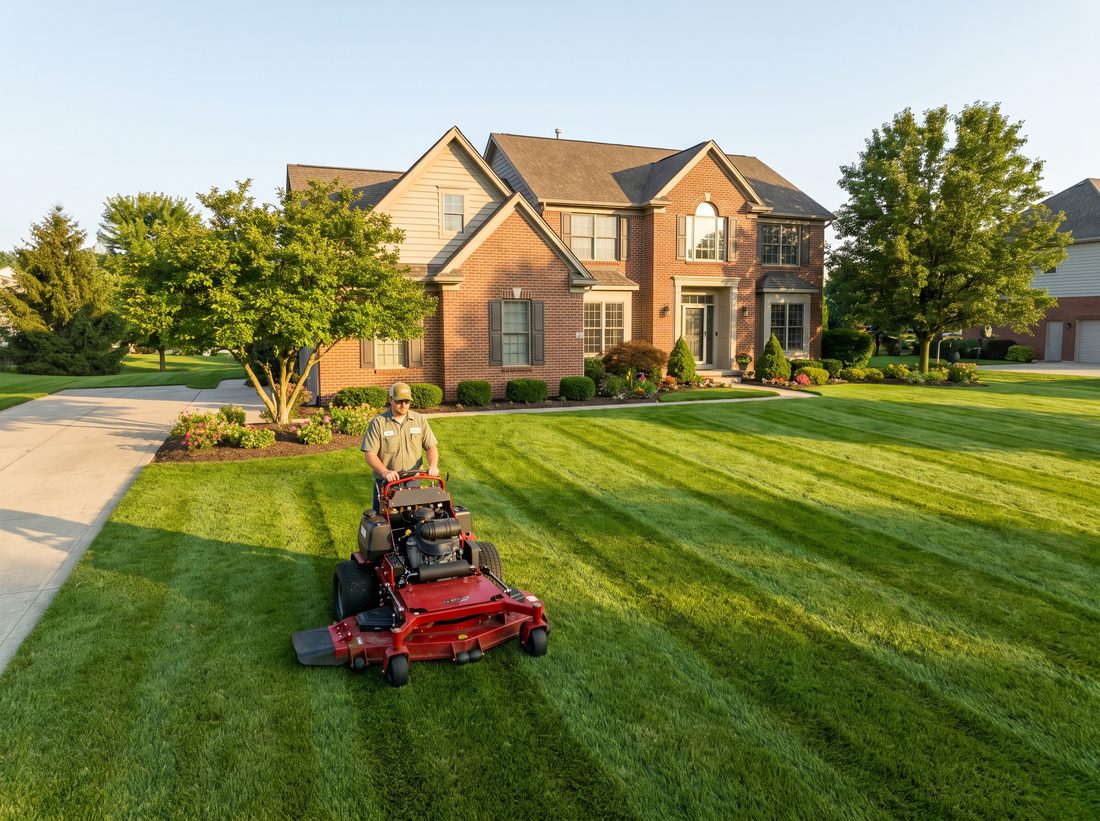 Mowing a lush green suburban lawn