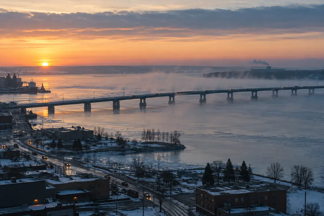 The Bong Bridge crossing the harbor in morning fog