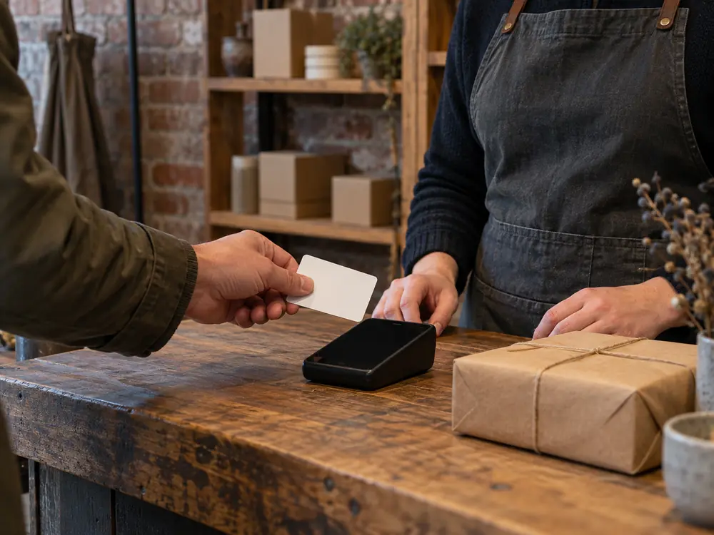 A card tapped on a reader at a shop counter