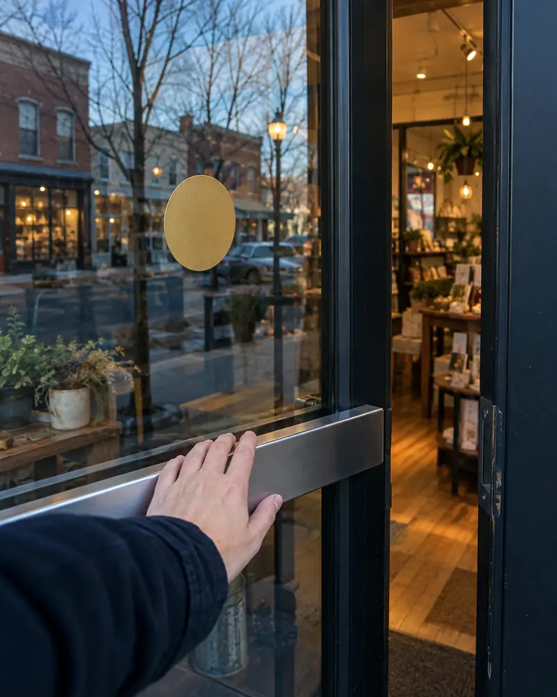 A hand opening a shop door marked with a gold decal