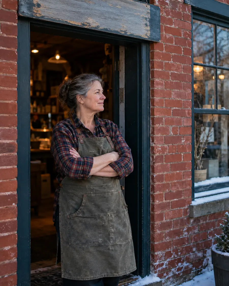 A shop owner standing in their doorway looking down the avenue