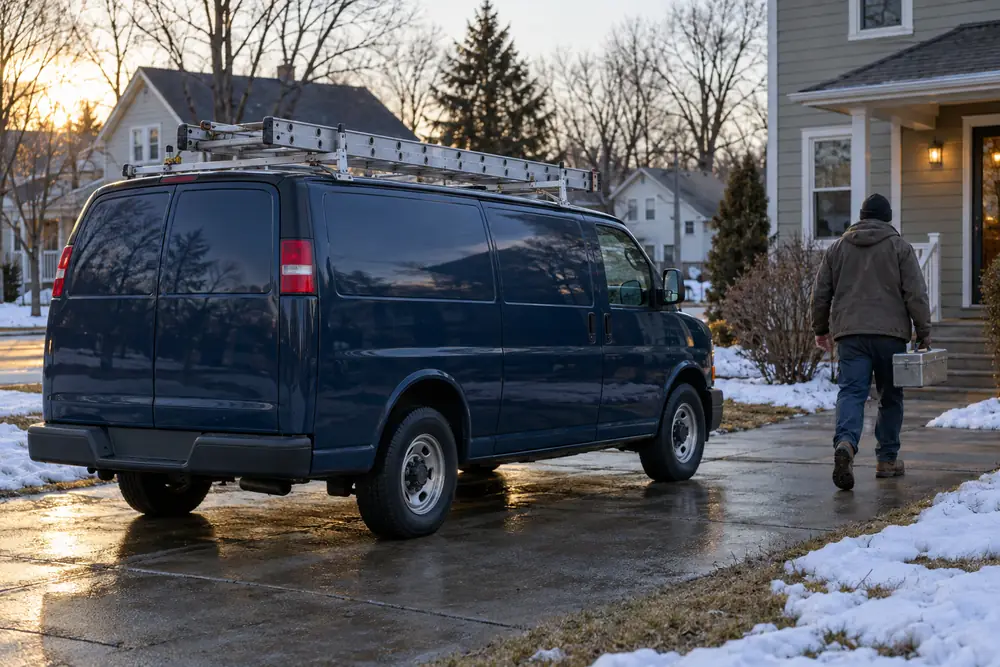 An unmarked work van in a residential driveway