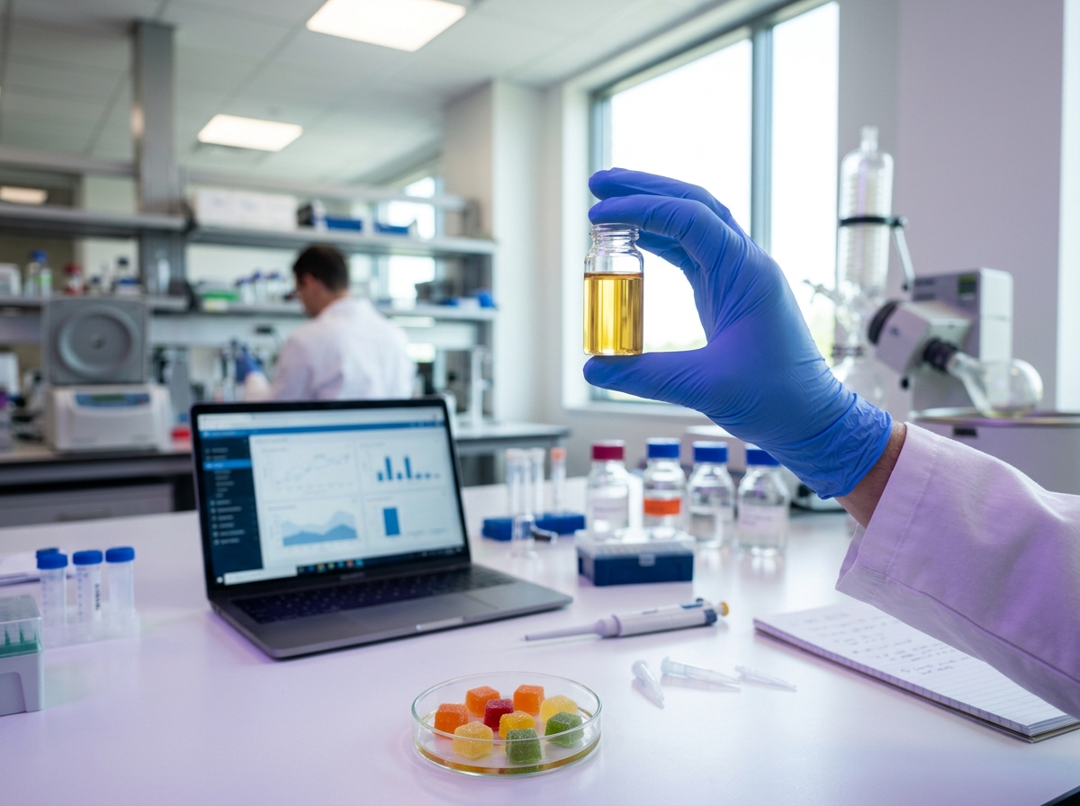 Lab technician examining a vial of hemp extract, gummies in a dish on the bench