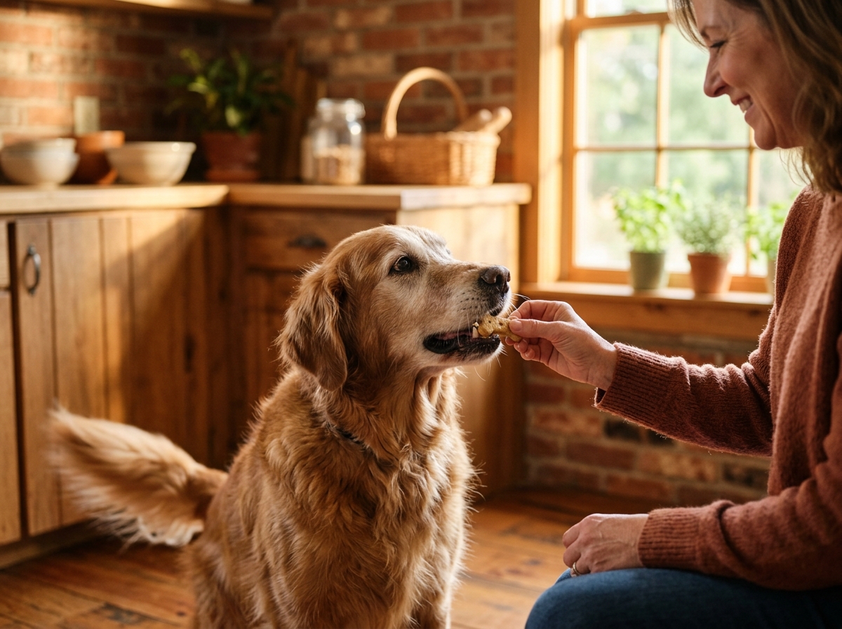 Golden retriever gently taking a treat from a hand