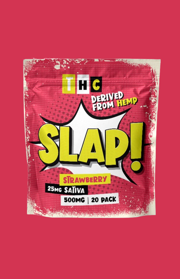Slap! Strawberry THC gummies bag on crimson