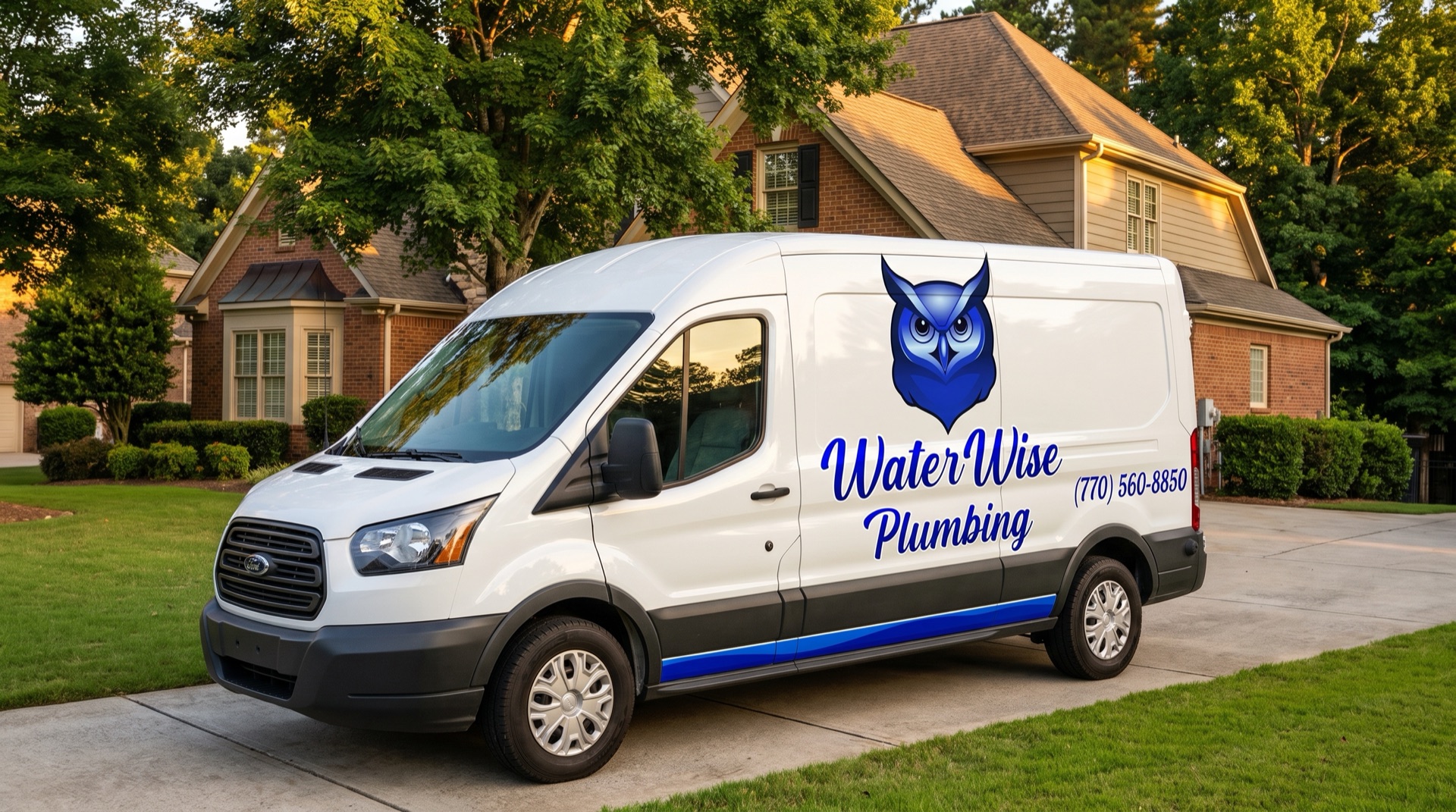 WaterWise Plumbing service van at a Marietta area home