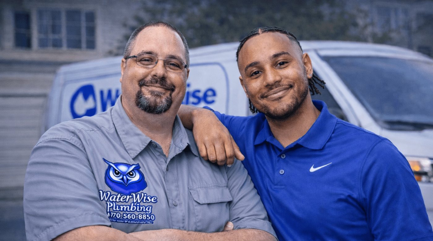 WaterWise Plumbing owners Darren Miller and Corey Williams in front of a branded van